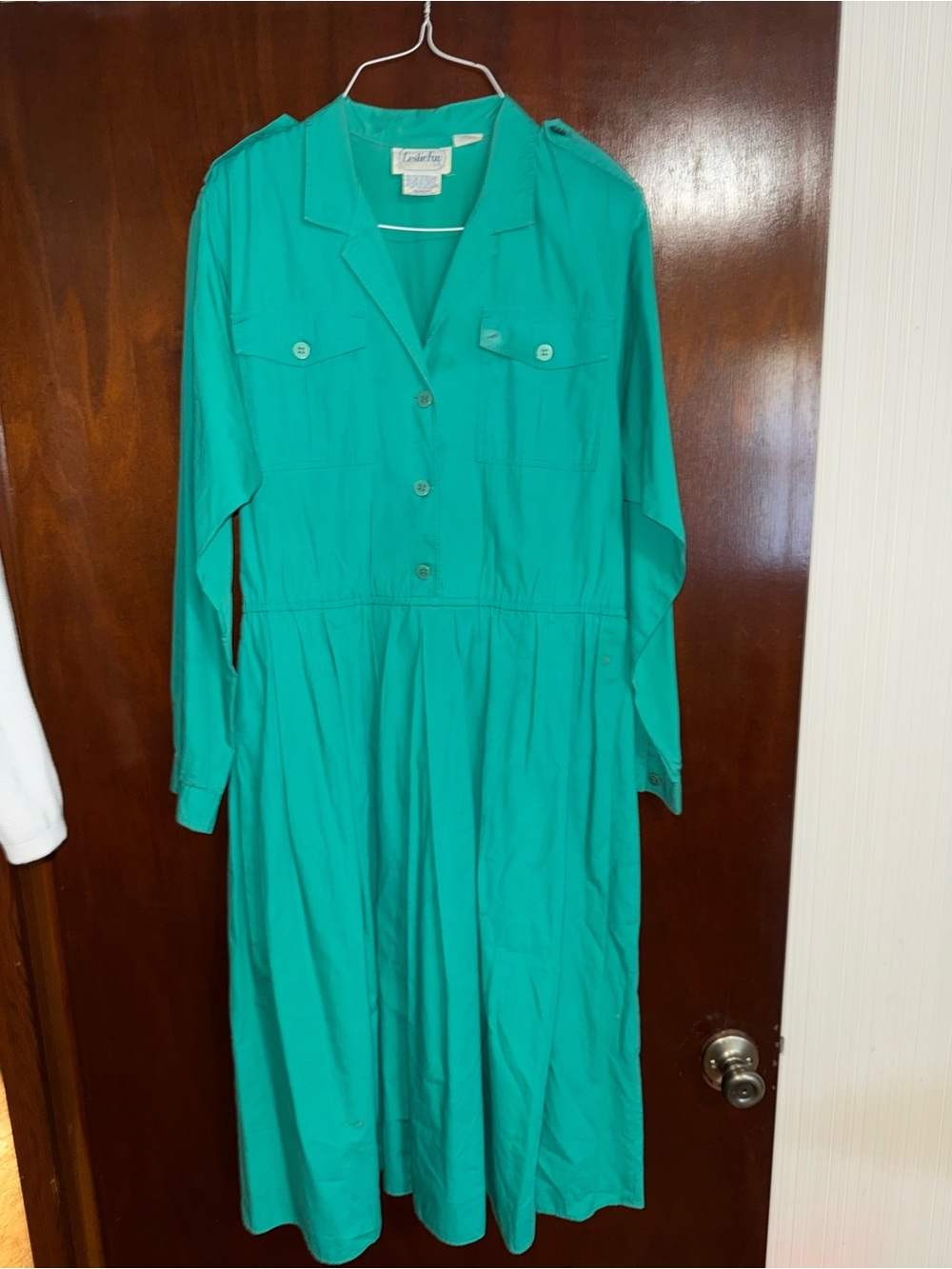 Leslie Fay Vintage New York Teal Green 100% Cotton Shirtwaist Dress 14 Women’s
